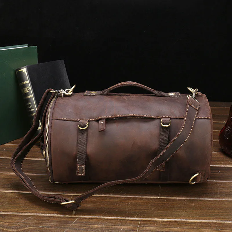Cool Leather Mens Barrel Shoulder Bags Backpack Travel Bag for Men