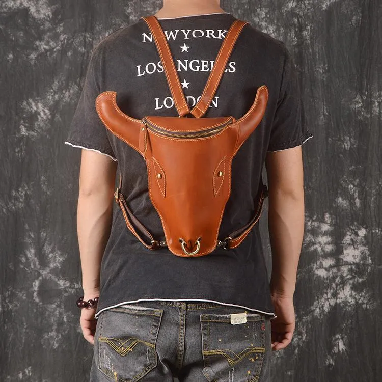 Cool Leather Mens XO Bull Backpack Tan Travel Backpack Unique Backpack for men