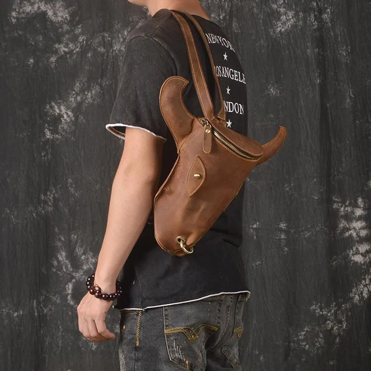 Cool Leather Mens XO Bull Backpack Tan Travel Backpack Unique Backpack for men