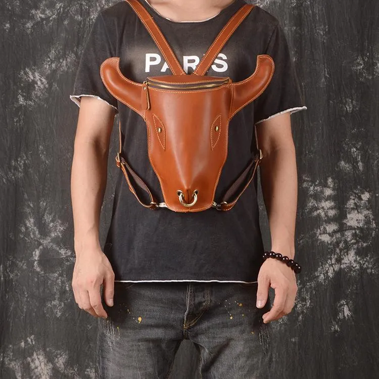 Cool Leather Mens XO Bull Backpack Tan Travel Backpack Unique Backpack for men