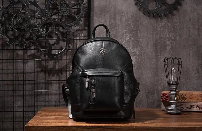 Cool Mens Black Leather School Backpack Travel Backpack Leather Hiking Backpack for Men