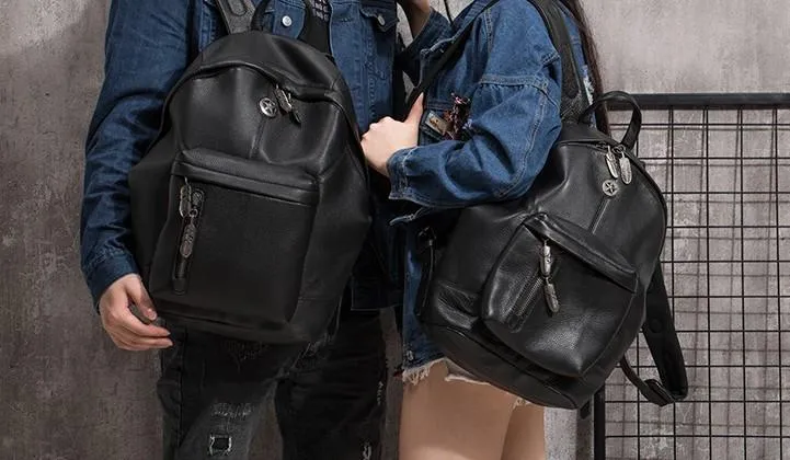 Cool Mens Black Leather School Backpack Travel Backpack Leather Hiking Backpack for Men