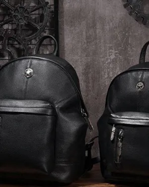 Cool Mens Black Leather School Backpack Travel Backpack Leather Hiking Backpack for Men