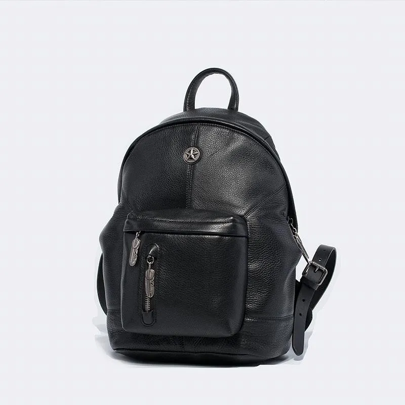 Cool Mens Black Leather School Backpack Travel Backpack Leather Hiking Backpack for Men