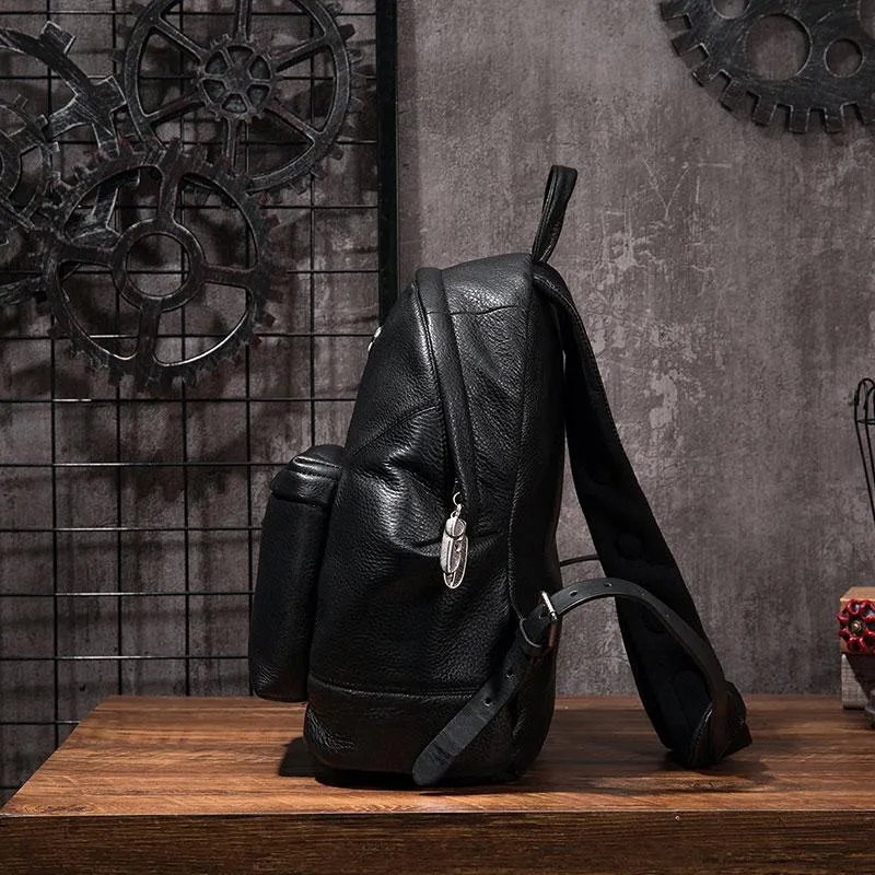 Cool Mens Black Leather School Backpack Travel Backpack Leather Hiking Backpack for Men