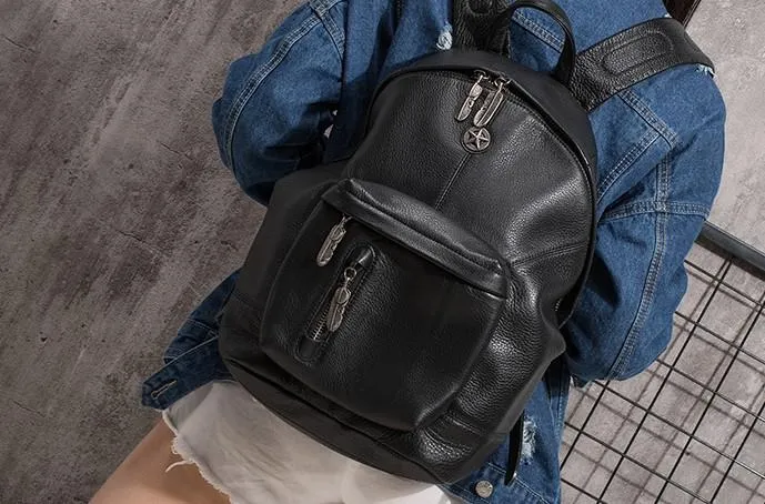 Cool Mens Black Leather School Backpack Travel Backpack Leather Hiking Backpack for Men