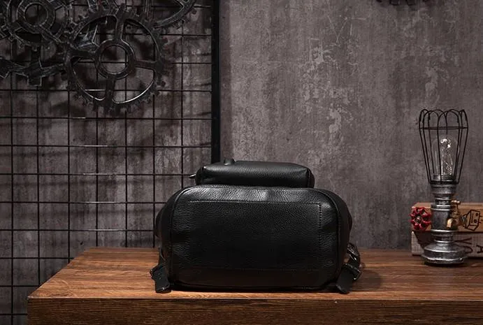 Cool Mens Black Leather School Backpack Travel Backpack Leather Hiking Backpack for Men