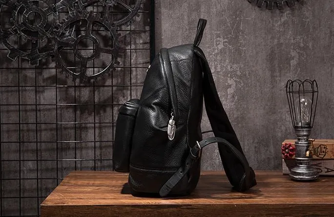 Cool Mens Black Leather School Backpack Travel Backpack Leather Hiking Backpack for Men