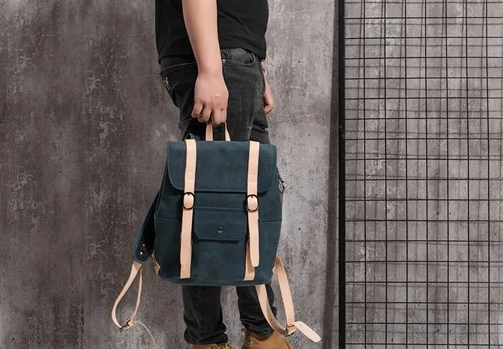 Cool Mens Blue Leather Backpack School Backpack Leather Laptop Backpack for Men
