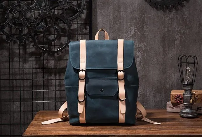 Cool Mens Blue Leather Backpack School Backpack Leather Laptop Backpack for Men