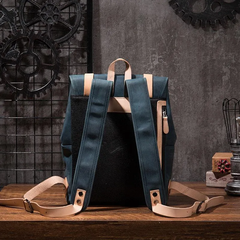 Cool Mens Blue Leather Backpack School Backpack Leather Laptop Backpack for Men