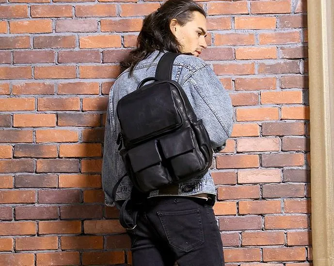 Cool Mens Leather Backpacks Black Travel Backpacks Laptop Backpack for men