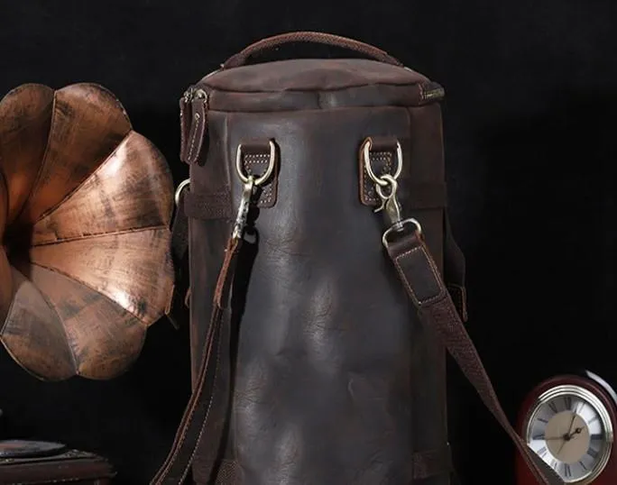 Cool Mens Leather Barrel Backpack Overnight Bag Travel Backpack Weekender Bag for men