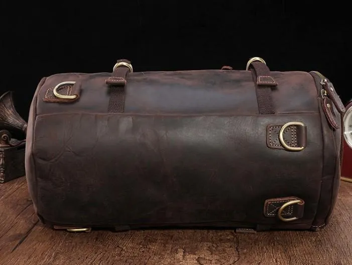 Cool Mens Leather Barrel Backpack Overnight Bag Travel Backpack Weekender Bag for men