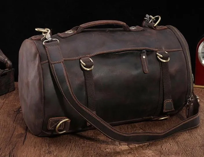 Cool Mens Leather Barrel Backpack Overnight Bag Travel Backpack Weekender Bag for men