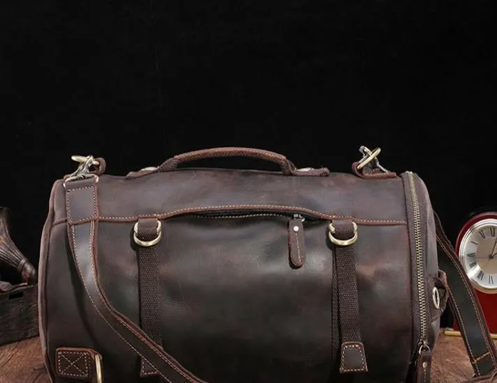 Cool Mens Leather Barrel Backpack Overnight Bag Travel Backpack Weekender Bag for men