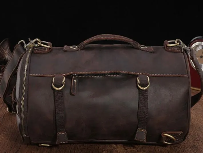 Cool Mens Leather Barrel Backpack Overnight Bag Travel Backpack Weekender Bag for men