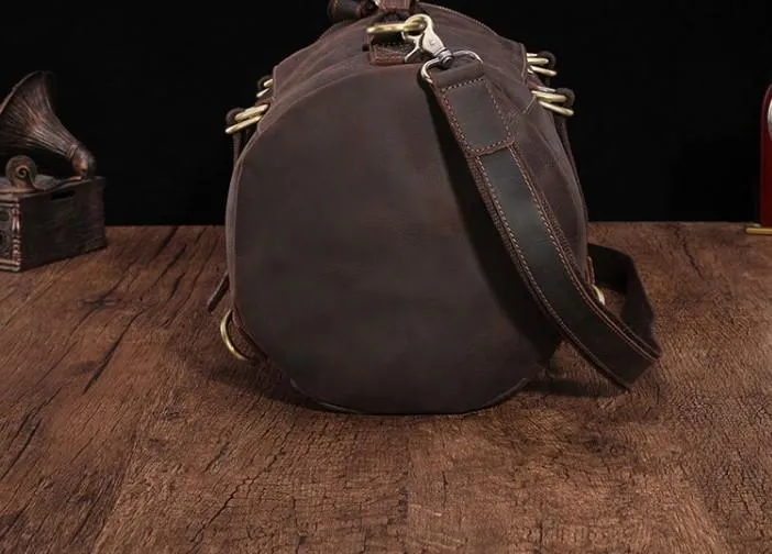 Cool Mens Leather Barrel Backpack Overnight Bag Travel Backpack Weekender Bag for men