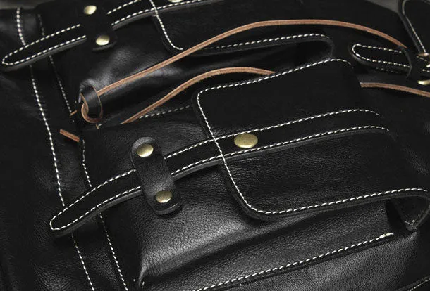 Cool Mens Leather Black Backpack for School Travel Bag Hiking Bag For Men