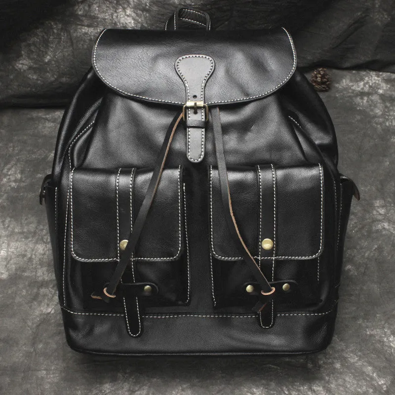 Cool Mens Leather Black Backpack for School Travel Bag Hiking Bag For Men
