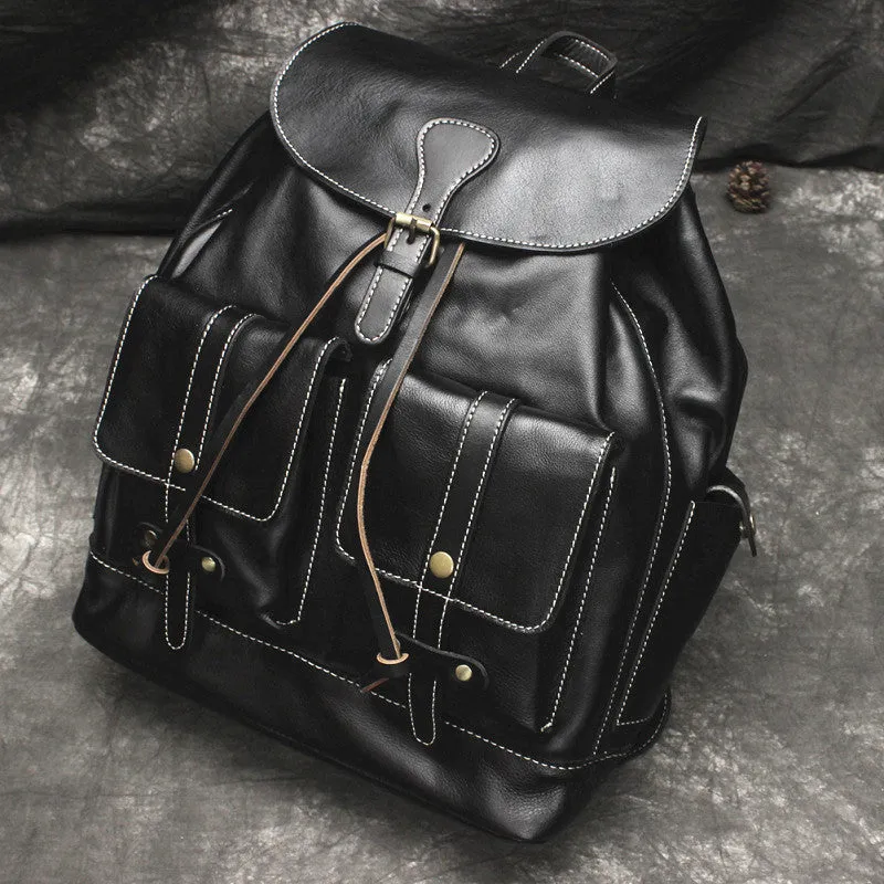 Cool Mens Leather Black Backpack for School Travel Bag Hiking Bag For Men