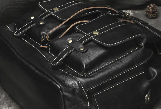 Cool Mens Leather Black Backpack for School Travel Bag Hiking Bag For Men