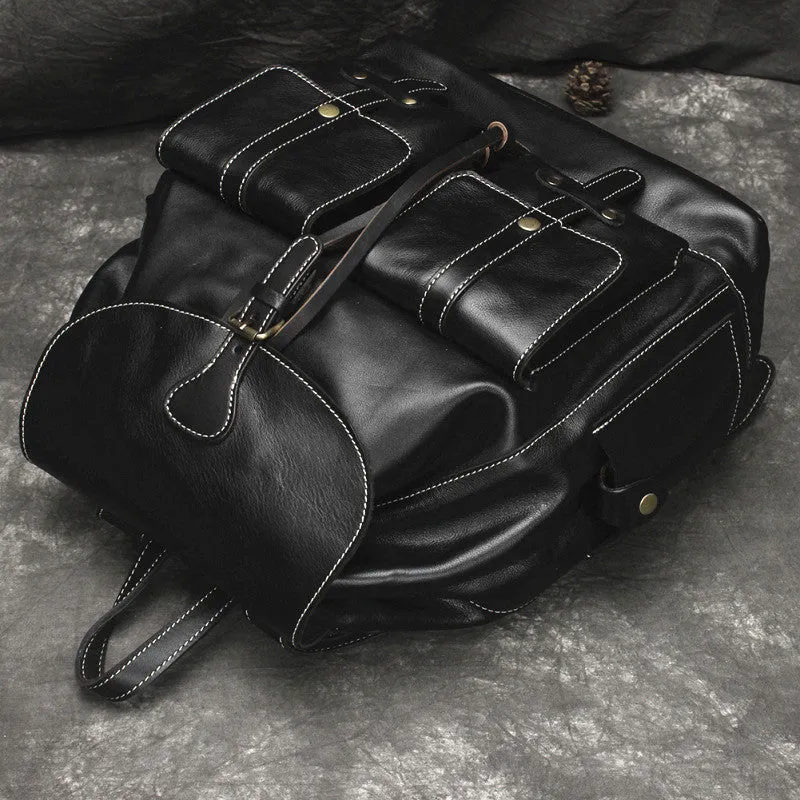 Cool Mens Leather Black Backpack for School Travel Bag Hiking Bag For Men