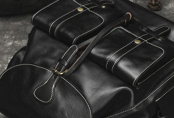Cool Mens Leather Black Backpack for School Travel Bag Hiking Bag For Men