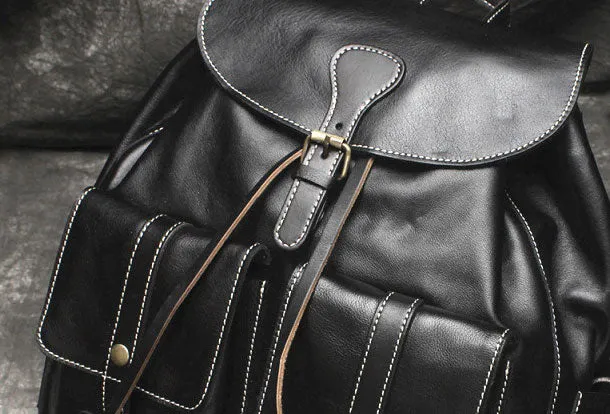 Cool Mens Leather Black Backpack for School Travel Bag Hiking Bag For Men