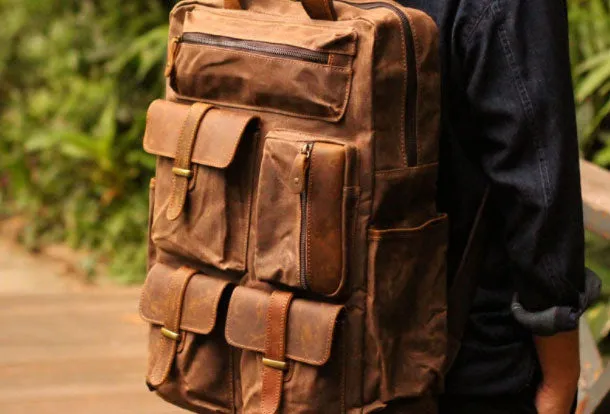 Cool Mens Waxed Canvas Backpack Large Canvas Travel Backpack Hiking Backpack for men