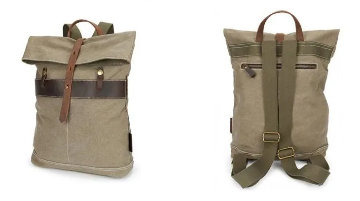 Cool Waxed Canvas Blue Leather Mens Backpack Canvas Travel Backpack Canvas School Backpack for Men