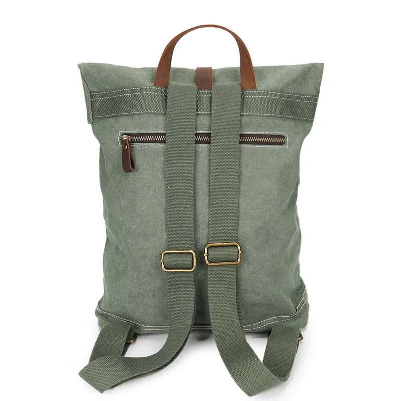 Cool Waxed Canvas Blue Leather Mens Backpack Canvas Travel Backpack Canvas School Backpack for Men
