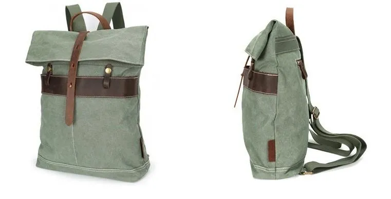 Cool Waxed Canvas Blue Leather Mens Backpack Canvas Travel Backpack Canvas School Backpack for Men