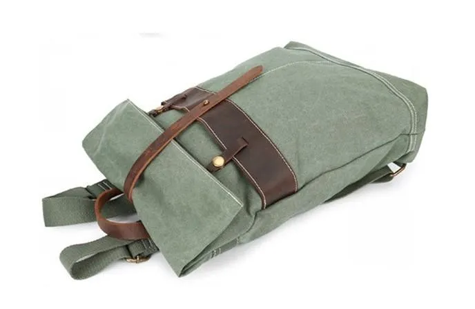 Cool Waxed Canvas Blue Leather Mens Backpack Canvas Travel Backpack Canvas School Backpack for Men