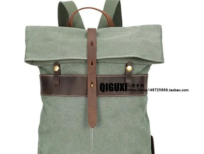 Cool Waxed Canvas Blue Leather Mens Backpack Canvas Travel Backpack Canvas School Backpack for Men