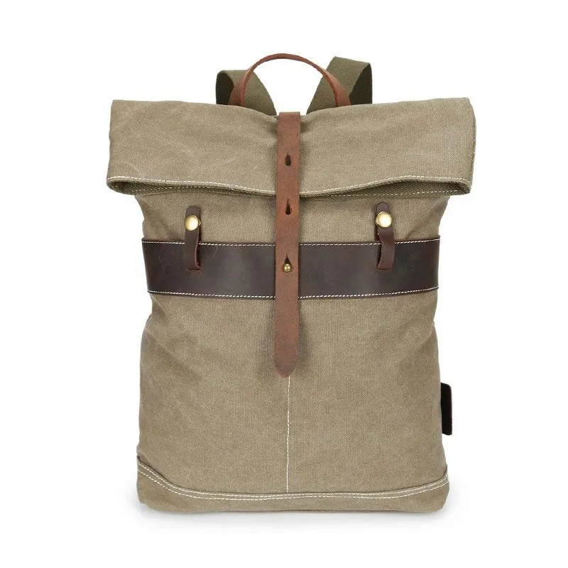 Cool Waxed Canvas Blue Leather Mens Backpack Canvas Travel Backpack Canvas School Backpack for Men