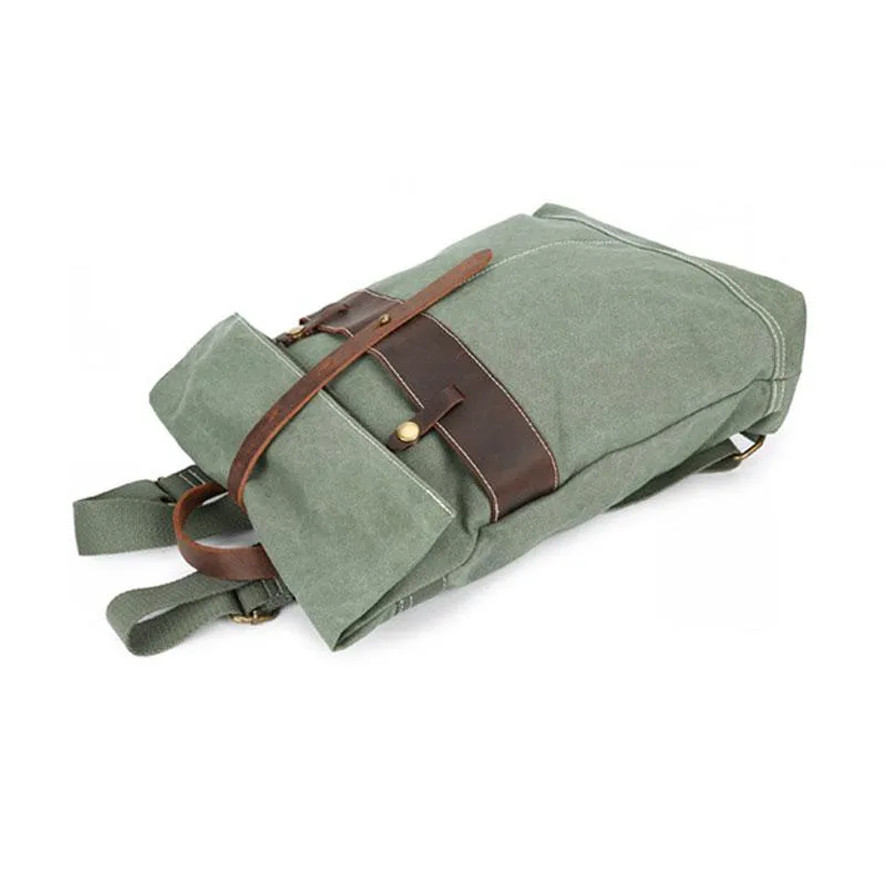Cool Waxed Canvas Blue Leather Mens Backpack Canvas Travel Backpack Canvas School Backpack for Men