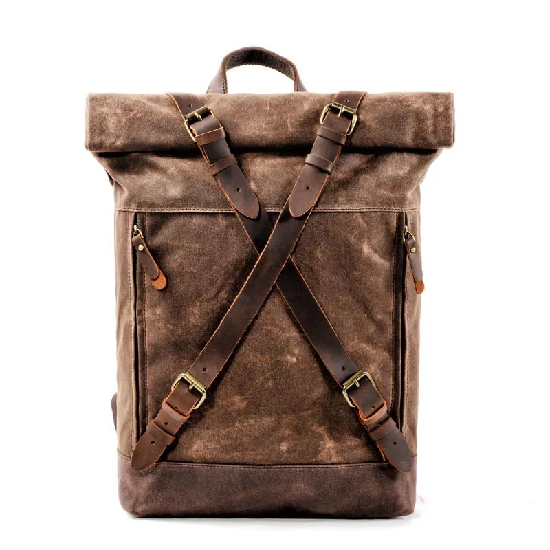 Cool Waxed Canvas Leather Mens 15.6???? Black Hiking Backpack Green Travel Backpack for Men