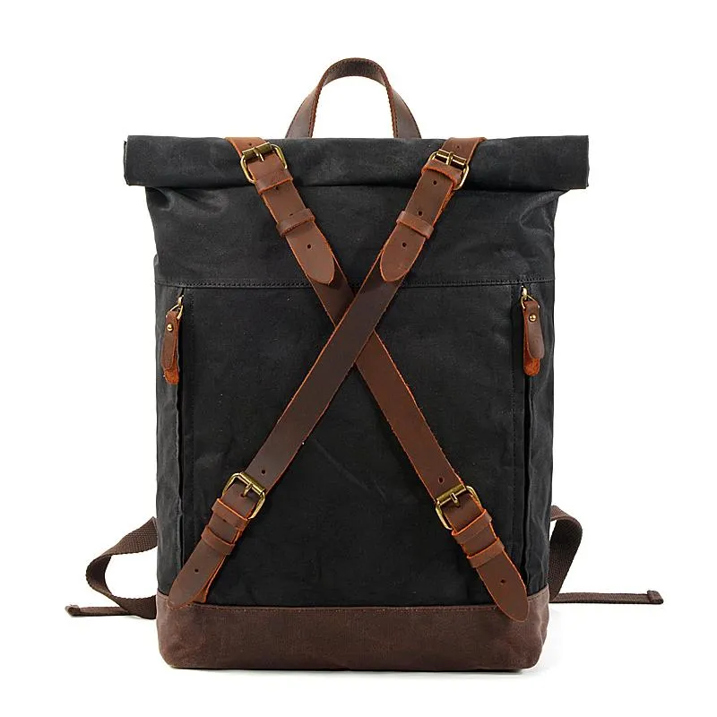 Cool Waxed Canvas Leather Mens 15.6???? Black Hiking Backpack Green Travel Backpack for Men