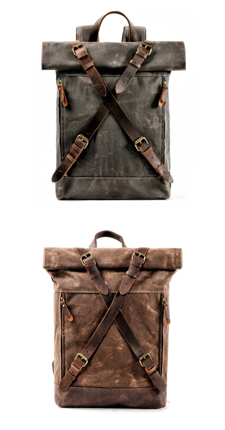 Cool Waxed Canvas Leather Mens 15.6???? Black Hiking Backpack Green Travel Backpack for Men
