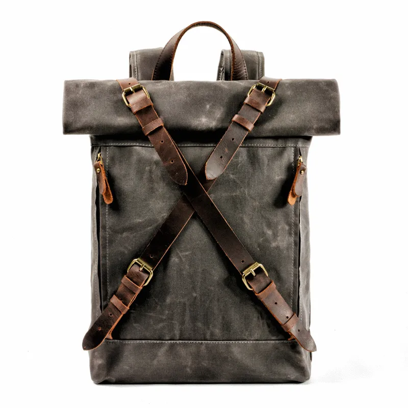 Cool Waxed Canvas Leather Mens 15.6???? Black Hiking Backpack Green Travel Backpack for Men