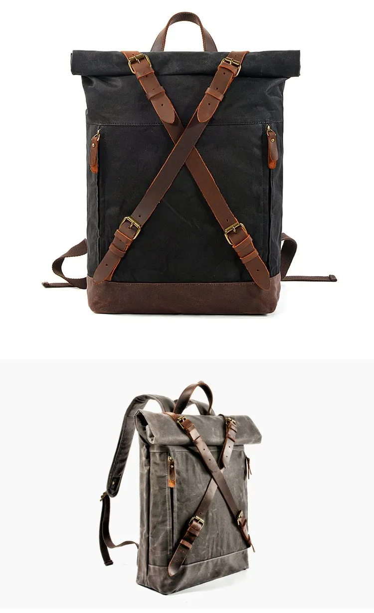 Cool Waxed Canvas Leather Mens 15.6???? Black Hiking Backpack Green Travel Backpack for Men