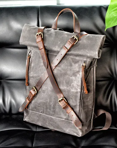 Cool Waxed Canvas Leather Mens 15.6???? Black Hiking Backpack Green Travel Backpack for Men