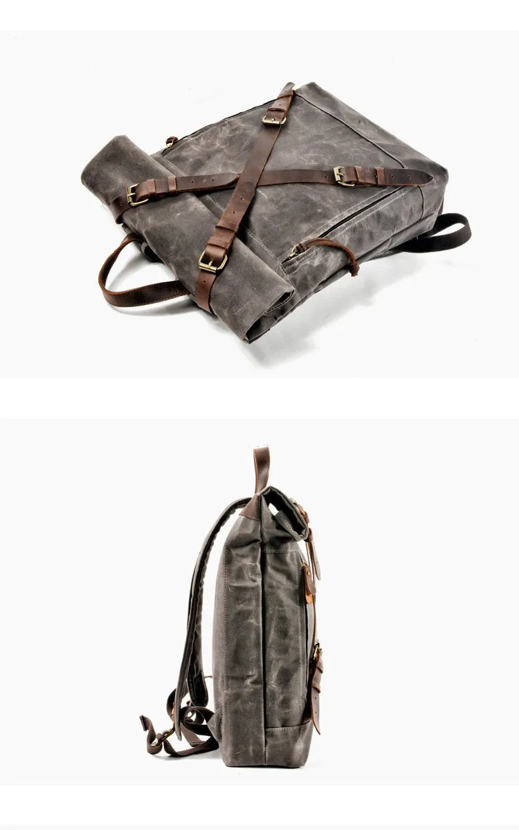 Cool Waxed Canvas Leather Mens 15.6???? Black Hiking Backpack Green Travel Backpack for Men