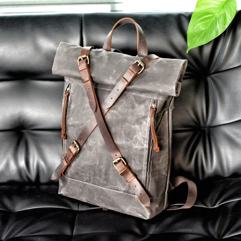 Cool Waxed Canvas Leather Mens 15.6???? Black Hiking Backpack Green Travel Backpack for Men
