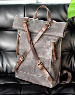 Cool Waxed Canvas Leather Mens 15.6???? Black Hiking Backpack Green Travel Backpack for Men