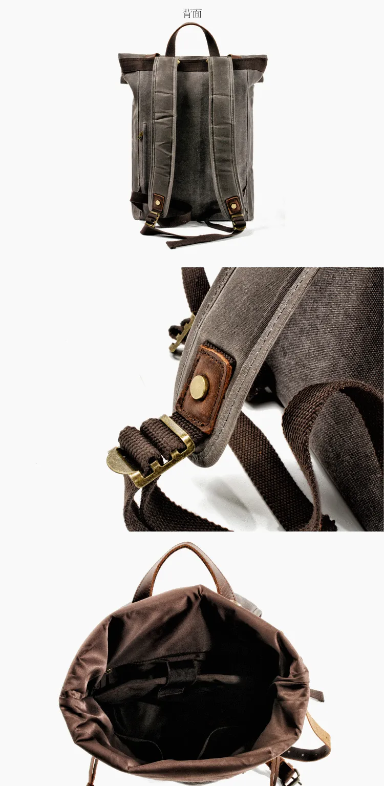 Cool Waxed Canvas Leather Mens 15.6???? Black Hiking Backpack Green Travel Backpack for Men