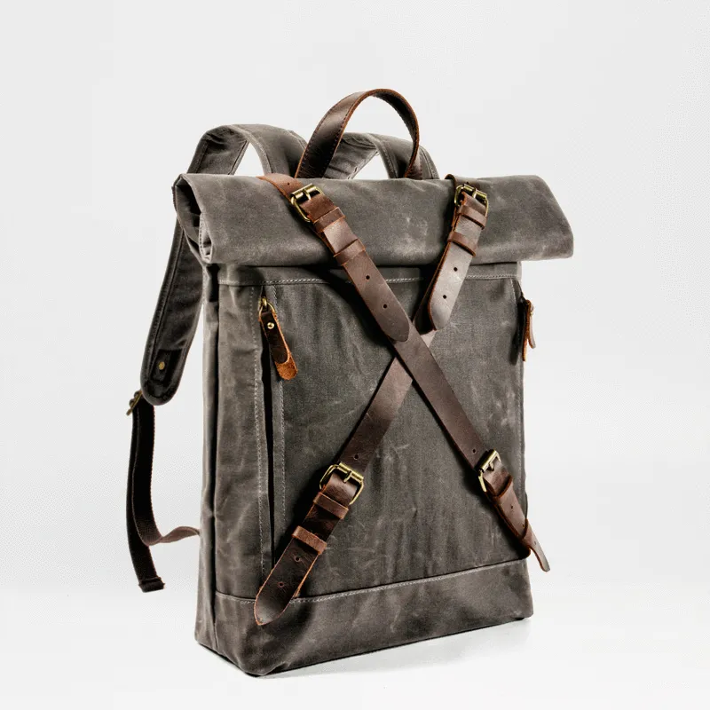 Cool Waxed Canvas Leather Mens 15.6???? Black Hiking Backpack Green Travel Backpack for Men