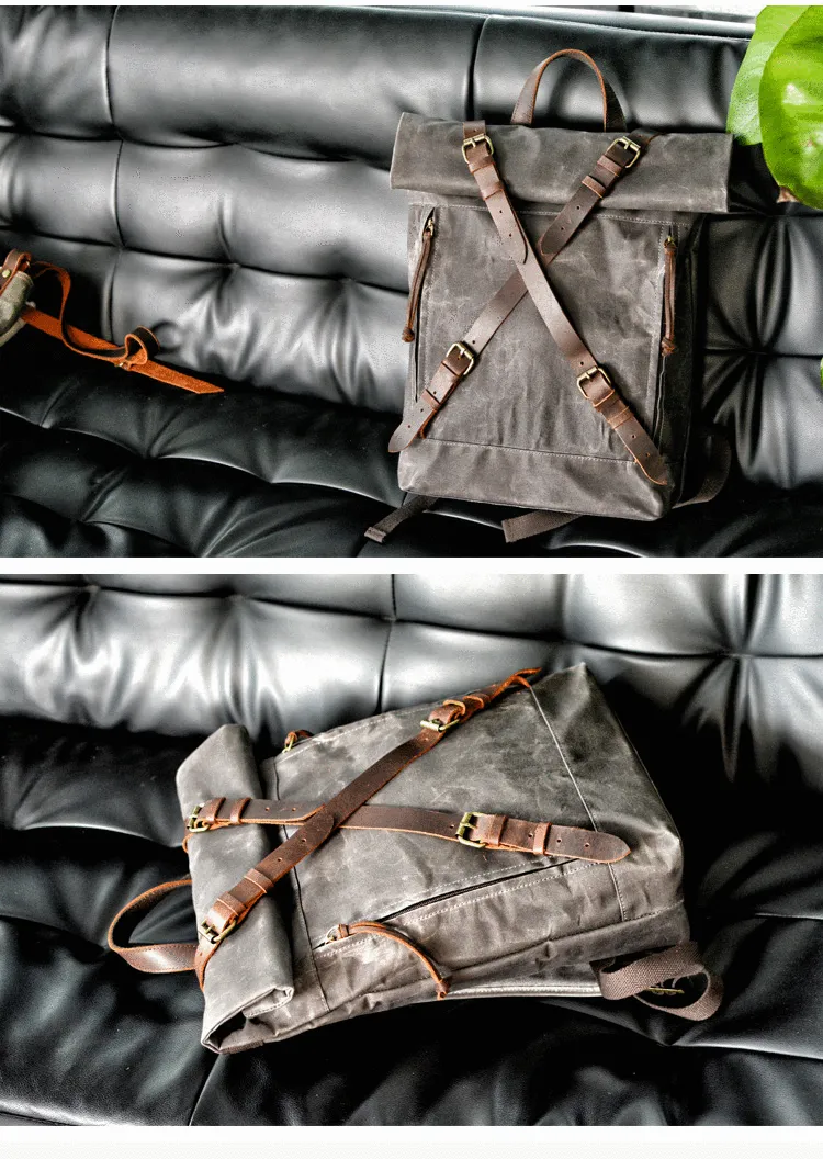 Cool Waxed Canvas Leather Mens 15.6???? Black Hiking Backpack Green Travel Backpack for Men