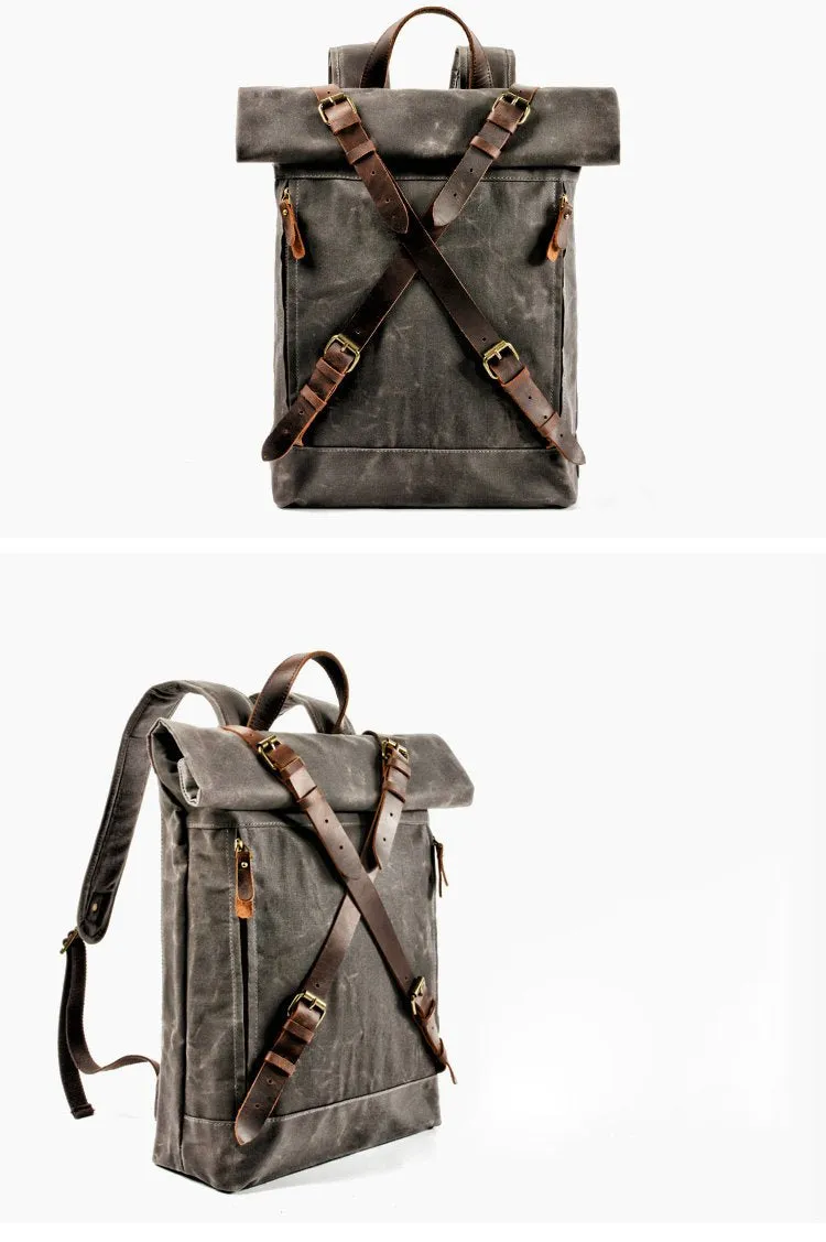 Cool Waxed Canvas Leather Mens 15.6???? Black Hiking Backpack Green Travel Backpack for Men
